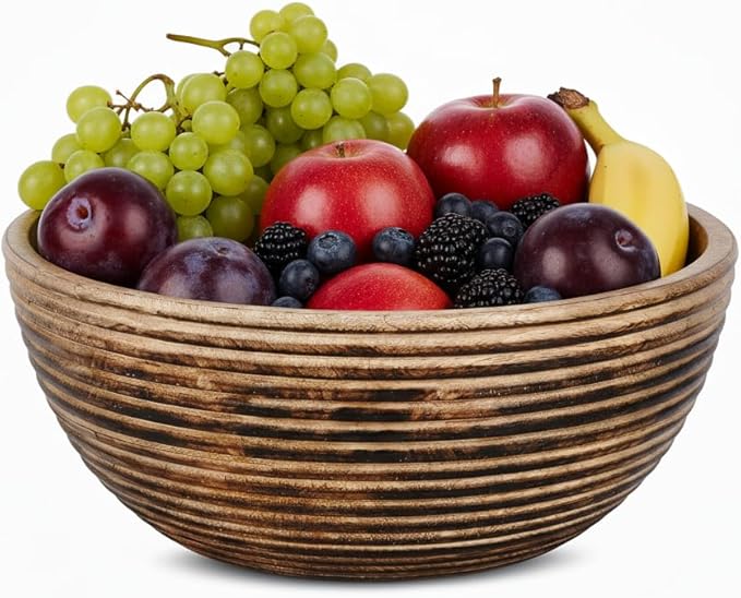 Mela Artisans Wooden Fruit Bowl | Dark Burnt Finish | Large 12” Decorative Mango Wood Serving Bowl | Multipurpose for Kitchen Countertop | Salad | Fruit | Snacks | Breads & More