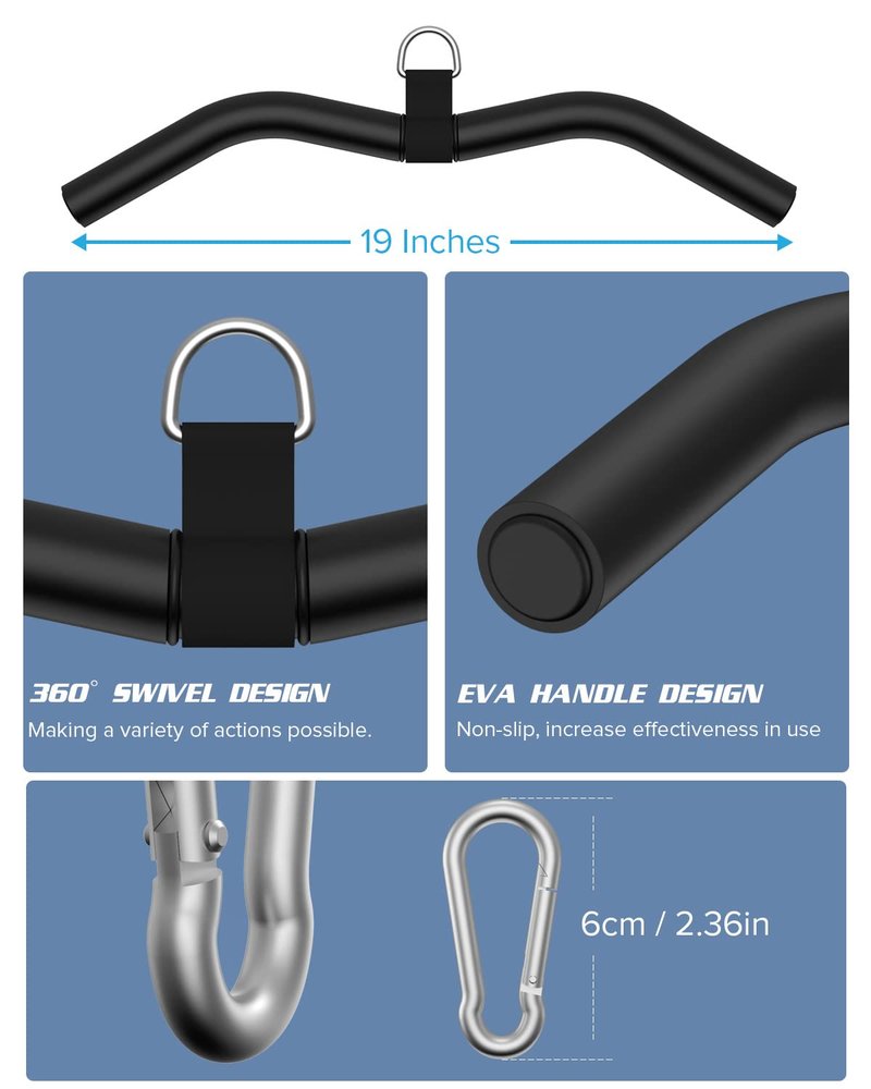 LAT Pulldown Attachments, Black Steel Lat Bar Cable Attachments Handles, Home Gym Cable Machine Accessories, Tricep Rope, Rowing LAT Pull Down Bar, Straight Bar, Double D Handles, Exercise Handles