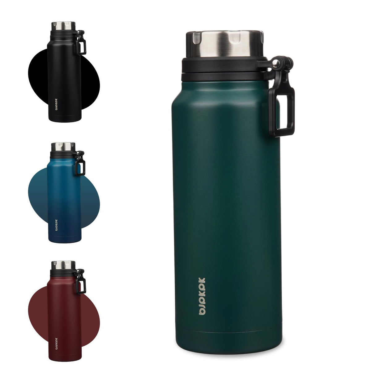 BJPKPK 40oz Insulated Water Bottle with Handle BPA Free Stainless Steel Travel Thermal Flask Reusable Large Water Bottle,Dark Green