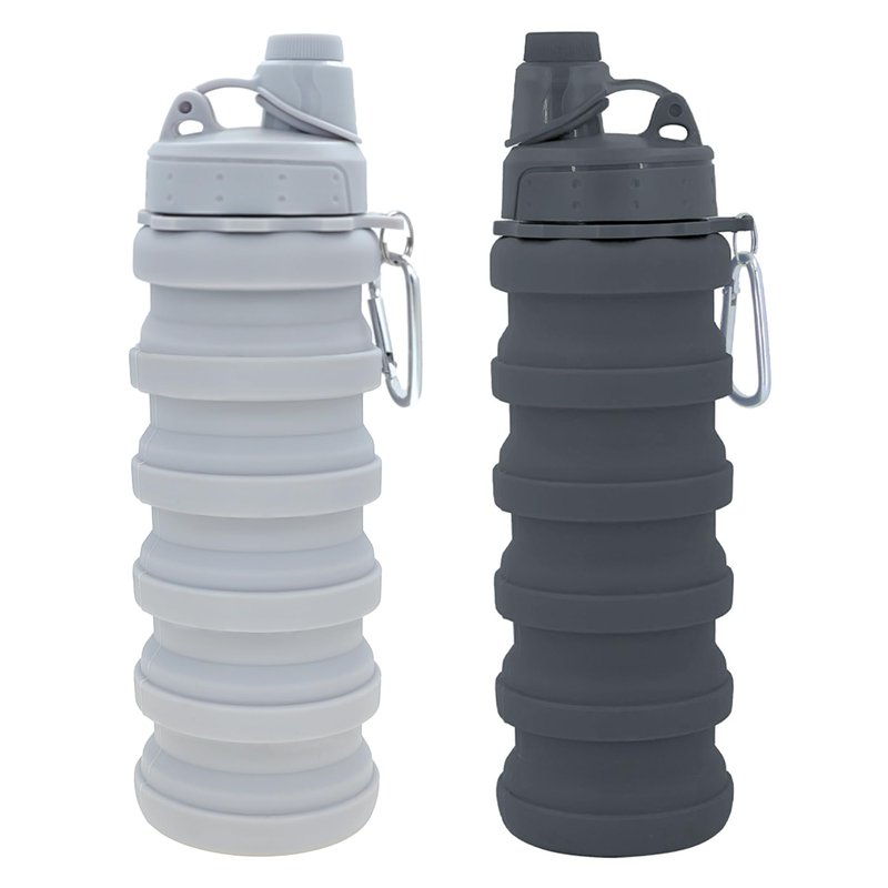 YCTMALL Collapsible Water Bottles Two Pack Travel Sports Portable Sport Bottle with Mountaineering Buckle 500ml Silicone Waterproof Camping Bottle (Light Grey and Grey Color)