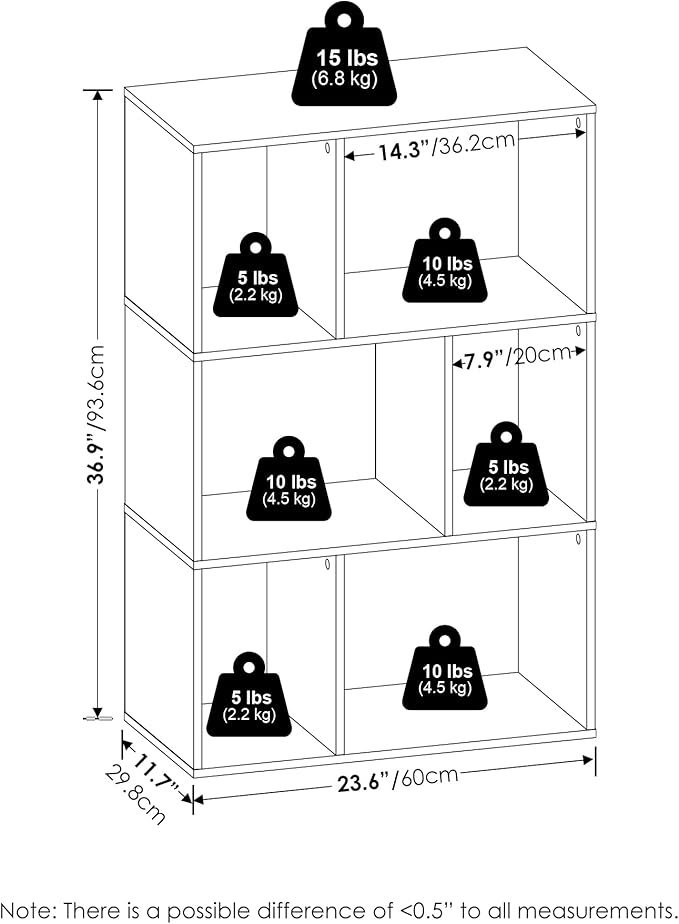 Furinno DALY Book Shelf, 6-Cube Bookshelf, Cube Storage Organizer Bookcase with Irregular Compartments, 11.7 x 23.6 x 36.8, for Living Room, Bedroom, Home Office, White