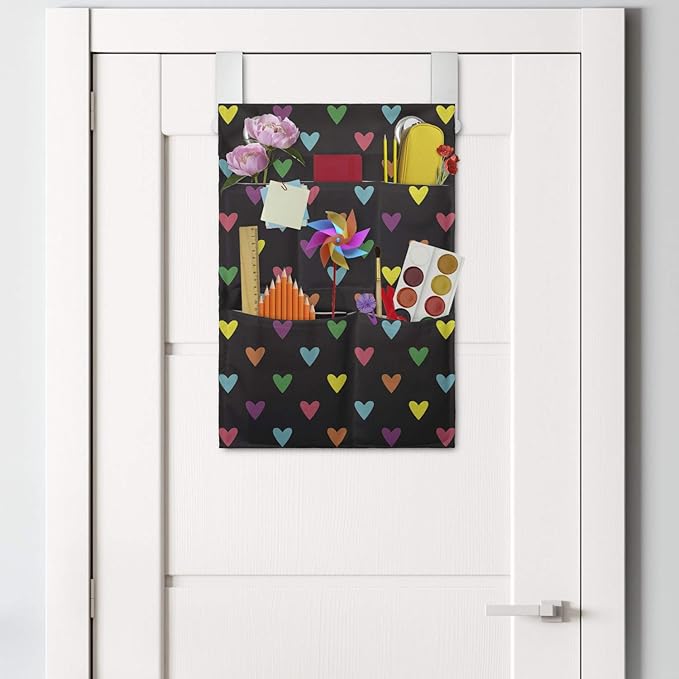 Ambesonne Romantic Hanging Pocket Organizer, Repeating Pattern of Love Themed Design Colorful Funny Mini Hearts, Printed Polyester Storage Bag with Pockets, 14" x 20", Dark Grey and Multicolor