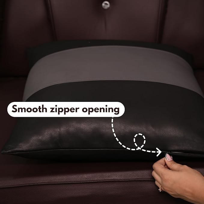 D DOLLY LAMB Lambskin Leather Pillow Cover - Sofa Cushion Case - Decorative Throw Covers for Living Room & Bedroom, 22x22 Inches - Black & Grey Plain