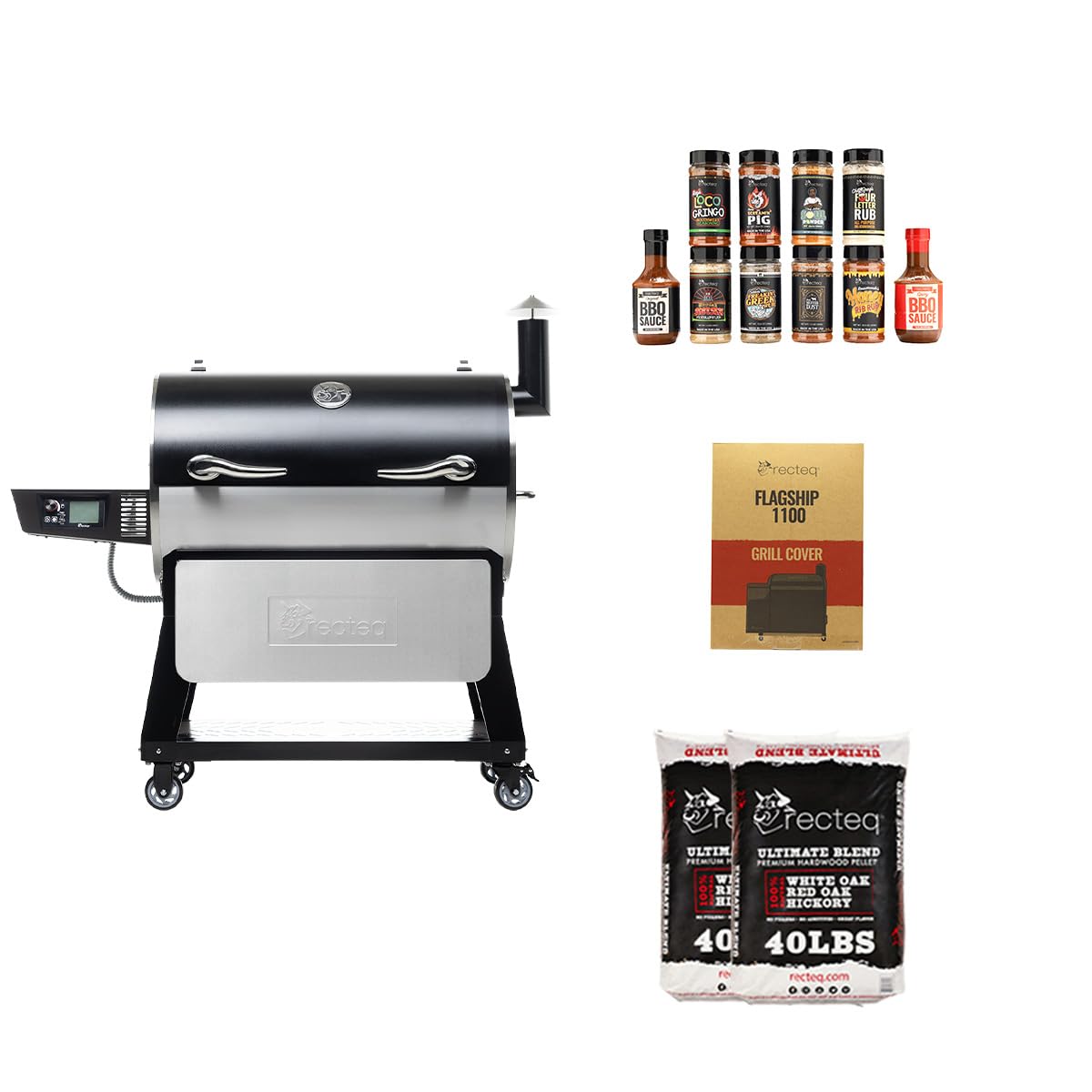 recteq Pellet Grill Smoker - Flagship 1600, Wood Pellet Smoker, BBQ, Wi-Fi Smart Grill, 1600 Sq. In. Cook Space, 40 lbs Hopper, Grilling Basics Bundle
