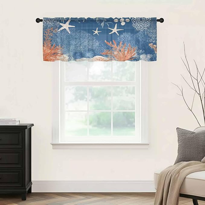 Ocean Corals Sheer Valance Curtains, Summer Beach Coral Sea Stars Dark Blue