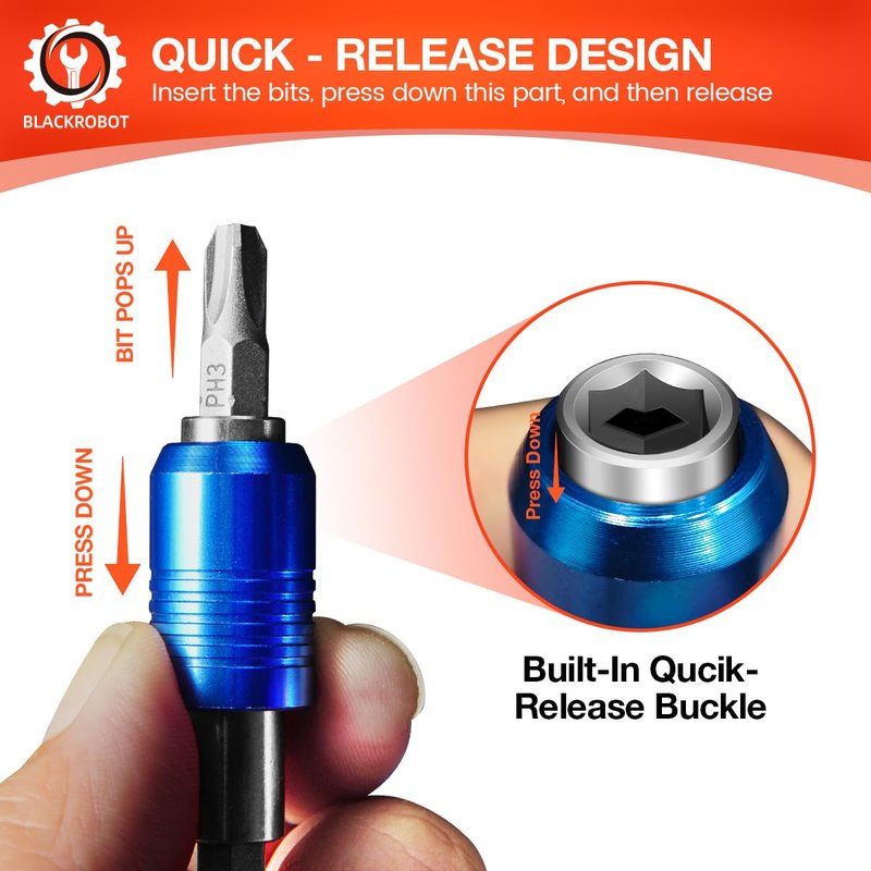 BLACKROBOT 4-Piece Magnetic Quick Change Impact Bit Holder, 2.5-Inch Drill Bit Extension for 1/4" Hex Drives, Ideal for Screwdriver Bits, Nuts, Drills and Socket Driver Adapters