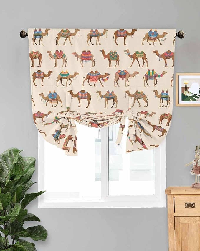Tie Up Curtains for Windows, Summer Camels Adjustable Balloon Nature Linen