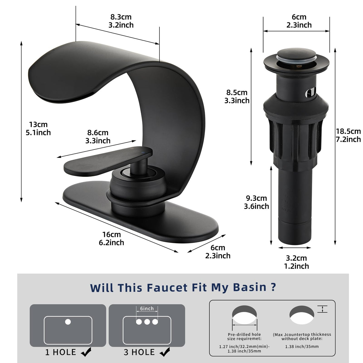 Ameletai Black Waterfall Single Hole Bathroom Sink Faucet, 304 Stainless Steel Single Handle Modern Bathroom Faucet, Snake Shape Design Basin Tap, Single Handle Basin Tap with Pop Up Drian Supply Line