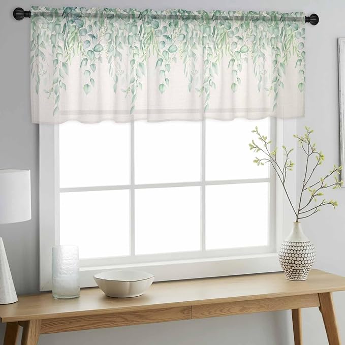Green Leaf Sheer Valance Curtains, Eucalyptus Leaves Vintage Linen Texture