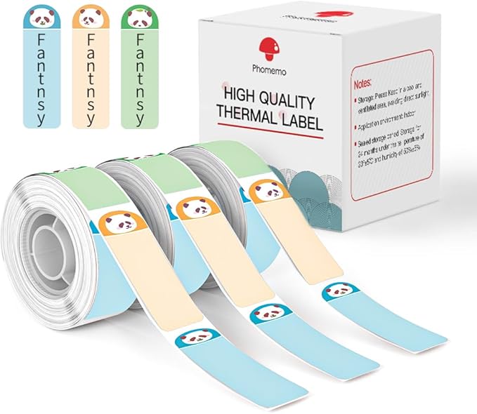 Phomemo D30 Label Maker Tape Black on Panda Pattern Sticker Thermal Paper Self-Adhesive Label Tape, 12 x 40 mm (0.47 x 1.57 Inch) 160 Tapes/Roll, 3-Roll D30 Thermal Label