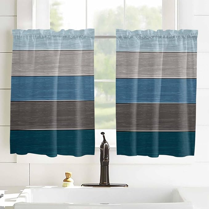 Retro Farm Blue Gray Wood Grain Window Valance Curtains, Rustic Wooden Plank