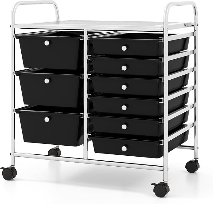 COSTWAY Rolling Storage Cart with 9 Drawer, Mobile Utility Cart with Metal Frame, Art Supply Craft Organizer, Multipurpose Storage Organizer for Paper, Office, School Teacher, Classroom, Black