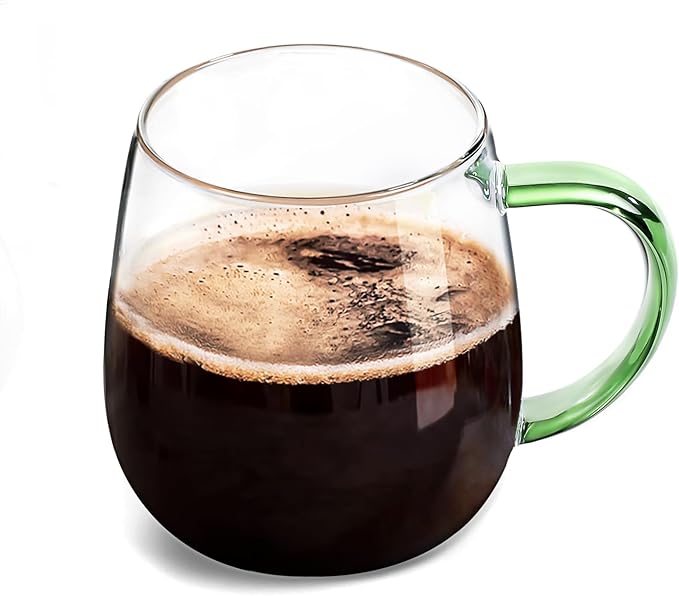 Clear Glass Mug With Green Handle, 16 oz, High Borosilicate Large Coffee Mug for Drinking or as a Gift