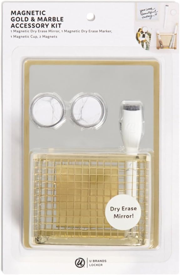 U Brands Magnetic Locker Accessories and Decorating Kit, Back to School Essentials, Mirror Markerboard, Gold Magnetic Cup, Marble Magnets and Dry Erase Marker