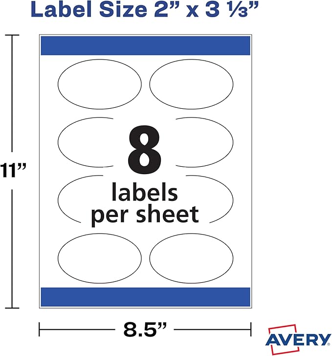 Avery Printable Blank Oval Labels,2" x 3-1/3",Glossy White,80 Customizable Labels (22820),(Pack of 5)