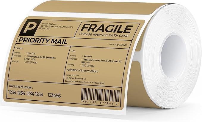 MUNBYN 4” X 3” Direct Thermal Labels, Thermal Printer Stickers, Strong Adhesive, Labels Paper for Mailing, Barcode, 500 Sheets/1 Roll, Brown