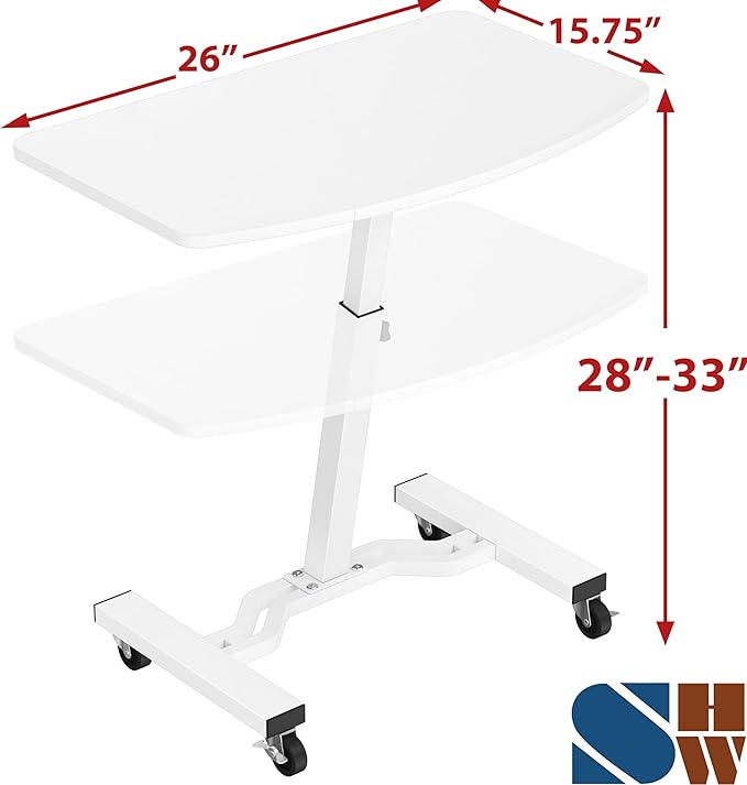 SHW Mobile Height Adjustable Laptop Rolling Cart with Height Adjustment from 28" to 33", White