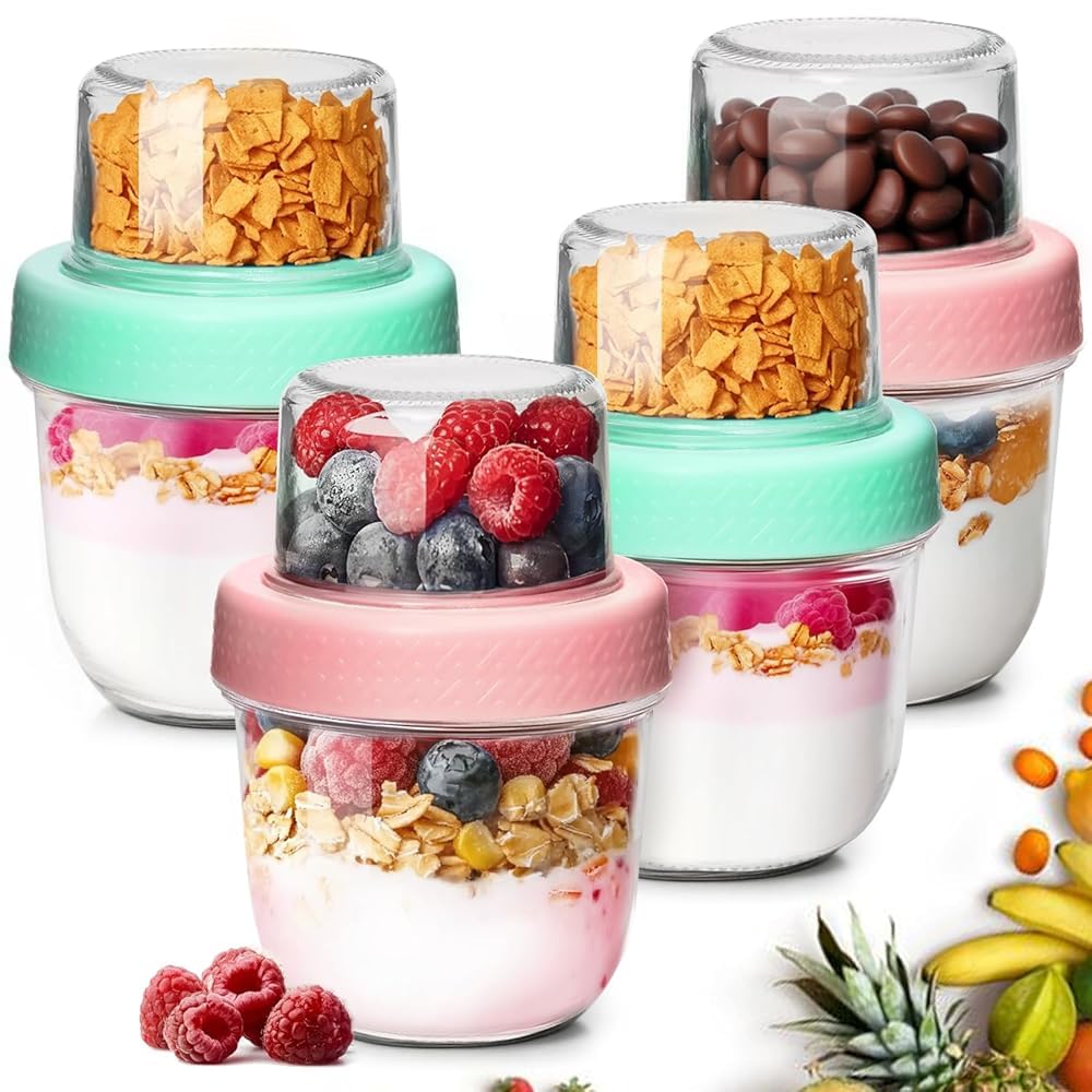 ComSaf 16+4Oz 4Pcs Overnight Oats Containers with Lids, Dual-Layer Jars