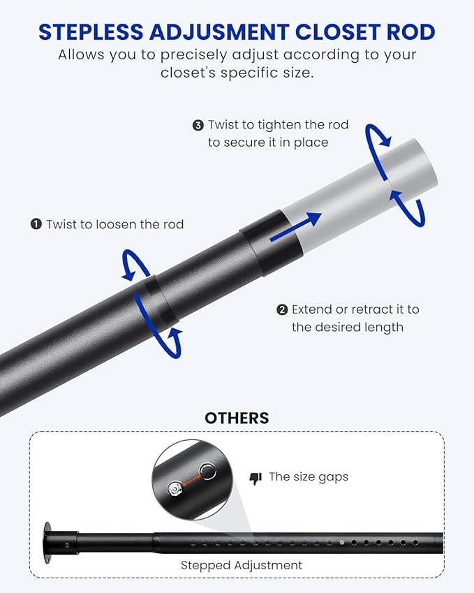 Supforce Closet Rods for Hanging Clothes, 17 to 54 Inches Stepless Adjustable Metal Closet Rod, 1.3 Inches Heavy Duty Clothes Hanging Rod for Closet Wardrobes Laundry RV, Black