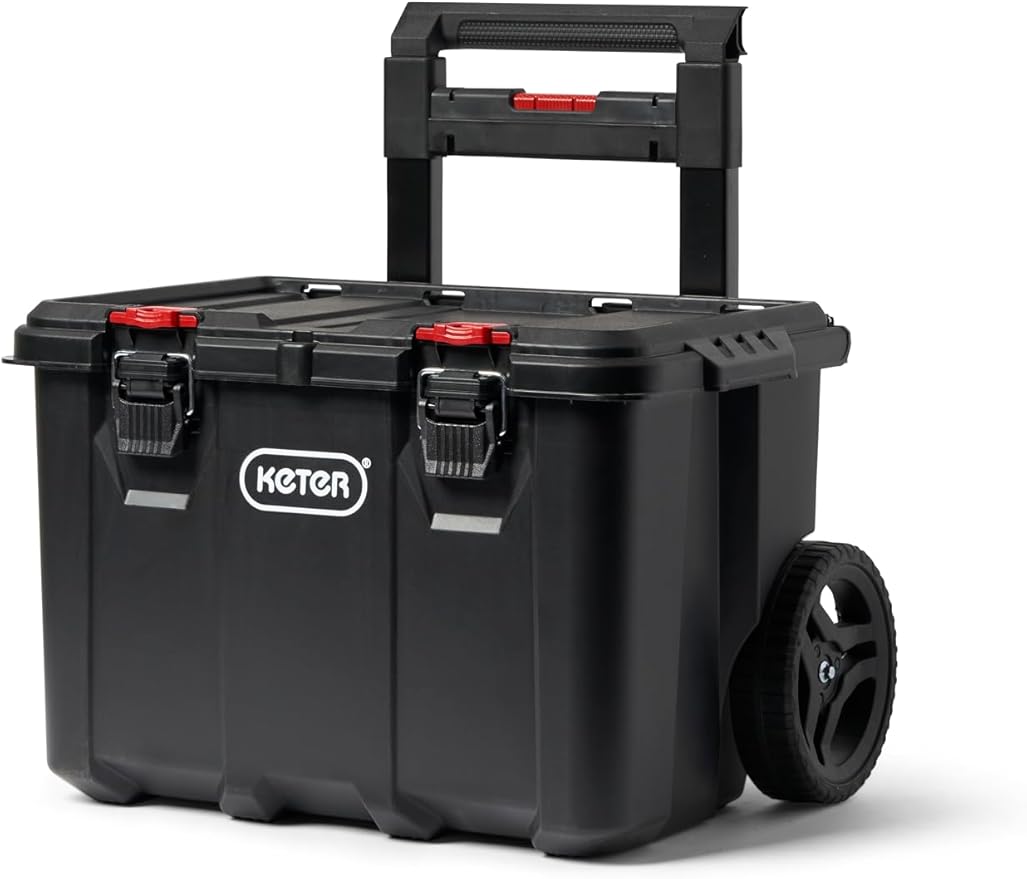 Keter Stack-n-Roll 2.0 Modular Tools Organizer for Garage Storage and DIY, 3 Piece Resin Rolling Tool Box System for Small Parts, Black