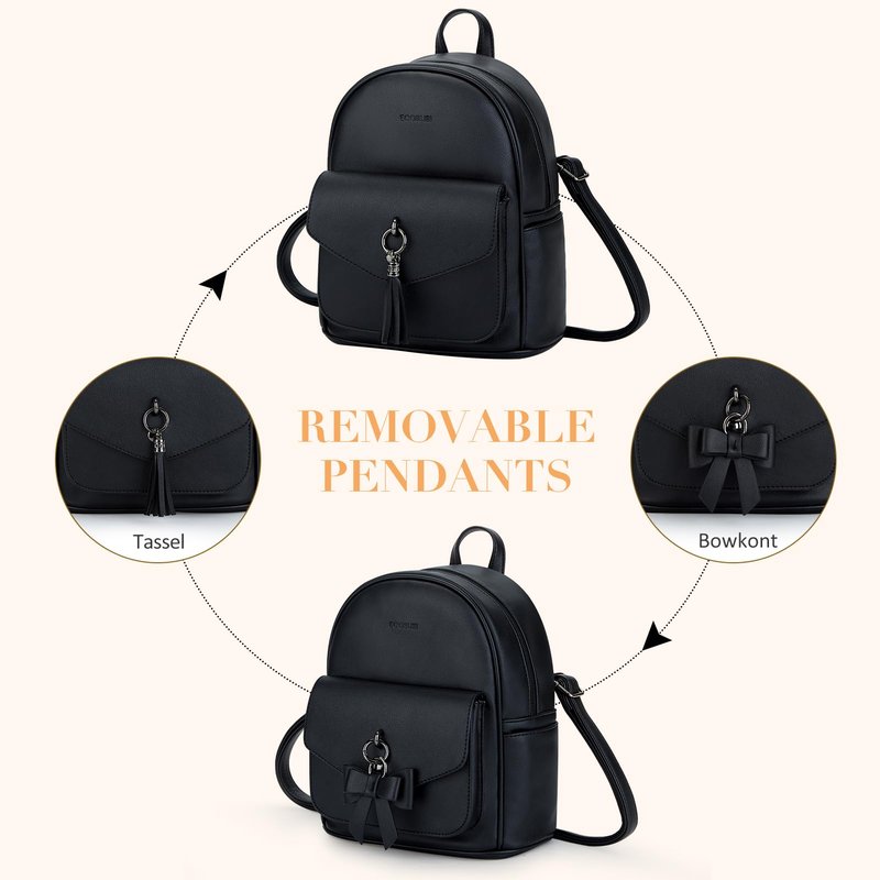 ECOSUSI Mini Backpack for Women Girls Cute Bowknot Small Backpack Purse Ladies Leather Bookbag Satchel Bag, with Charm Tassel Black