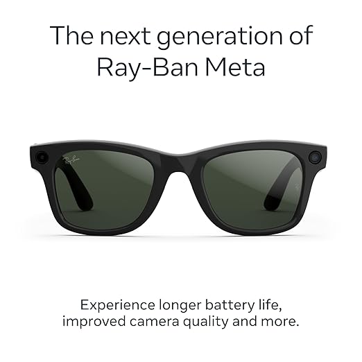 Ray-Ban Meta (Gen 2), Wayfarer, Shiny Black | Smart AI Glasses for Men, Women — 2X Battery Life — 3K Ultra HD Resolution and 12 MP Wide Camera, Audio, Video — Transitions® Graphite Green Lenses