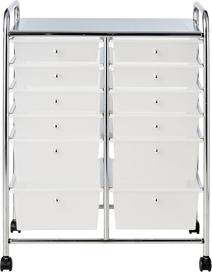 Whitmor 12-Drawer Rolling Storage Cart with Locking Wheels, Plastic Organizer for Crafts, Office, Beauty Supplies, Sturdy Metal Frame, Large Workspace, Chrome