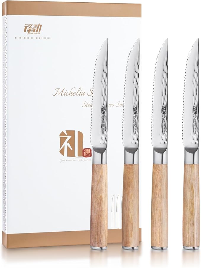 FINDKING 4-Piece Steak Knife Set, 4.7 Inch Serrated Stainless Steel Dinner Cutlery with Pakka Wood Handles, Rust-Resistant Table Knives for BBQ, Gifts, Beige, Michelia Series