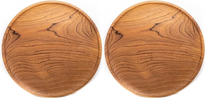 Rainforest Bowls Set of 2 12" Round Javanese Teak Wood Dinner Plates- Perfect for Everyday Use- Hot & Cold Friendly, Ultra-Durable, Premium Wooden Plates- Handcrafted by Indonesian Artisans