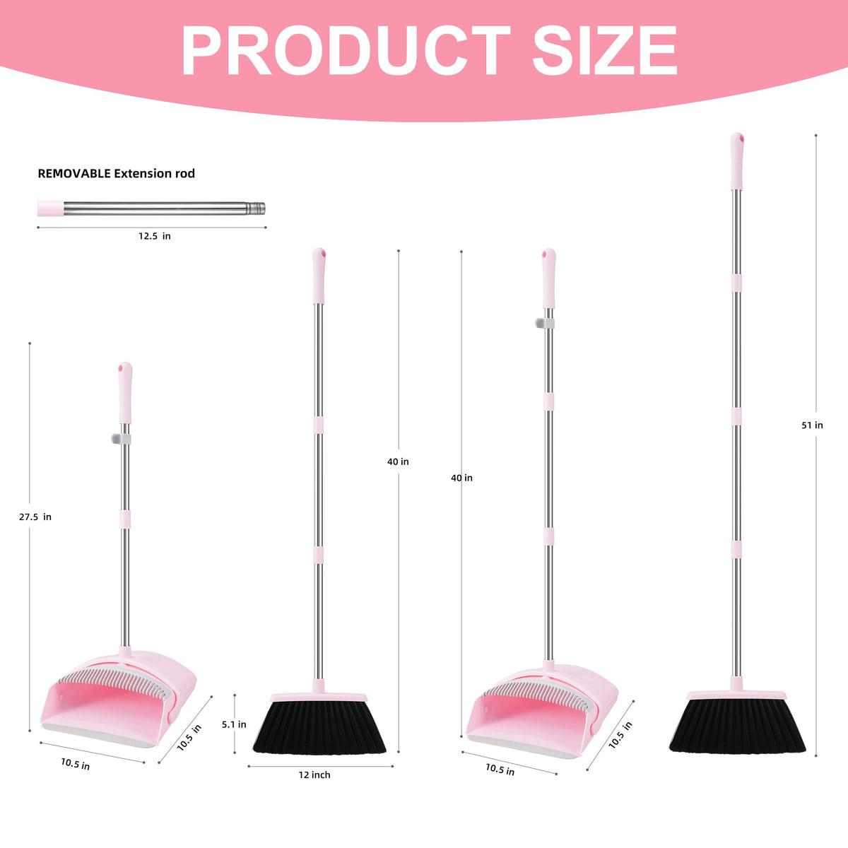 BSKLIN Broom and Dustpan Set for Home, 52” Long Handle Broom with Dustpan Combo Set with Dust Pan Teeth to Clean Hair Sweeping Set for Kitchen Hardwood Floors Pet Hair (Pink)
