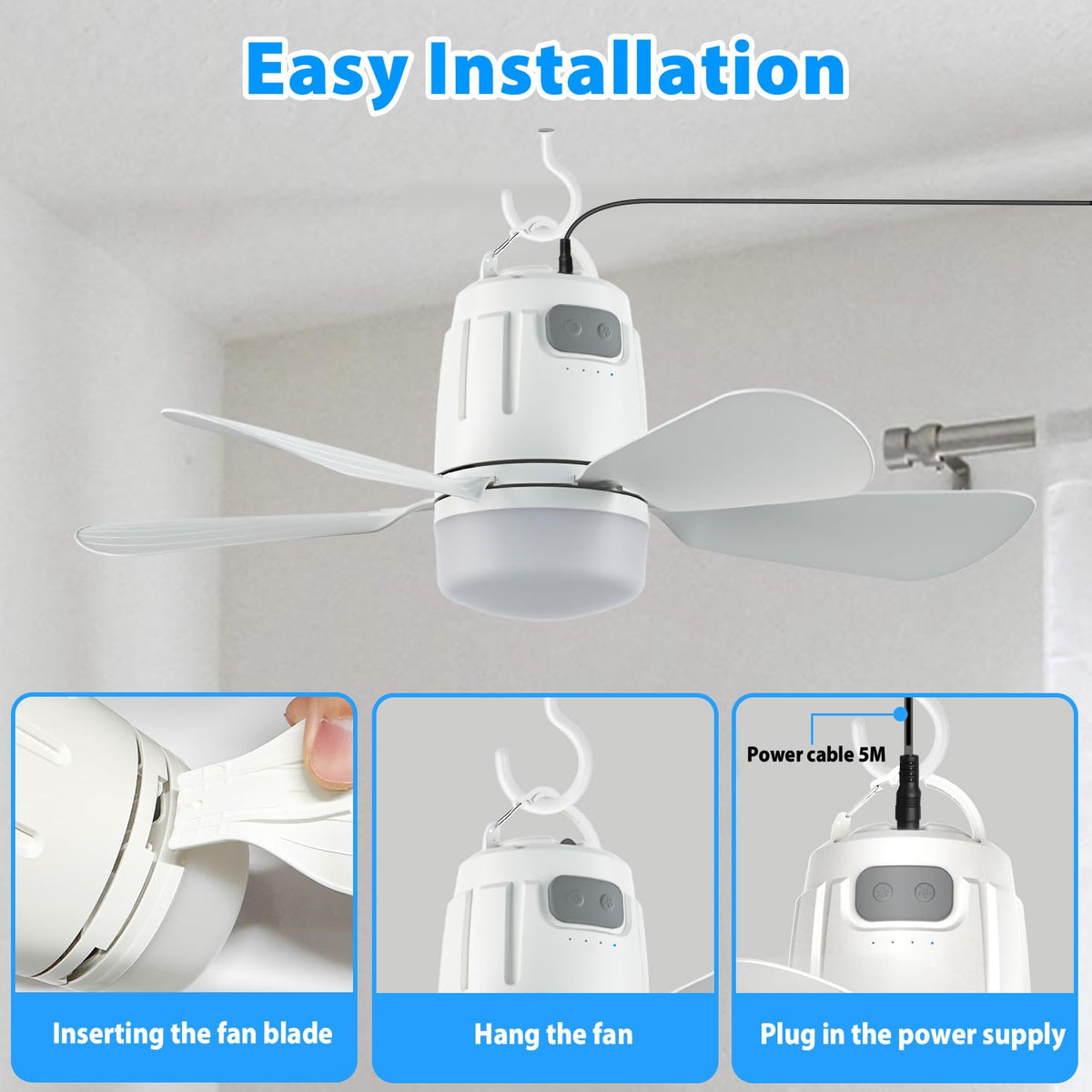 Gliztech Gazebo Fan Outdoor Hanging with Light, Patio Plug in Ceiling Fan with 16.5ft Cord, Remote & Hook, Portable for Outside Canopy, Pop up Tent, Pergola (20'')