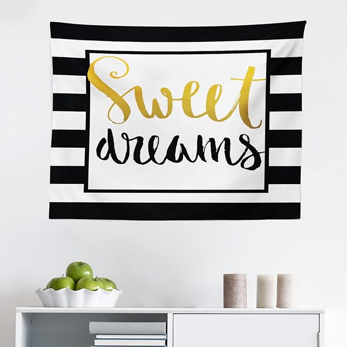 Ambesonne Saying Tapestry, Vintage Hand Drawn Lettering Design with Monochrome Stripes Background, Fabric Wall Hanging Decor for Bedroom Living Room Dorm, 28" X 23", Yellow Black White