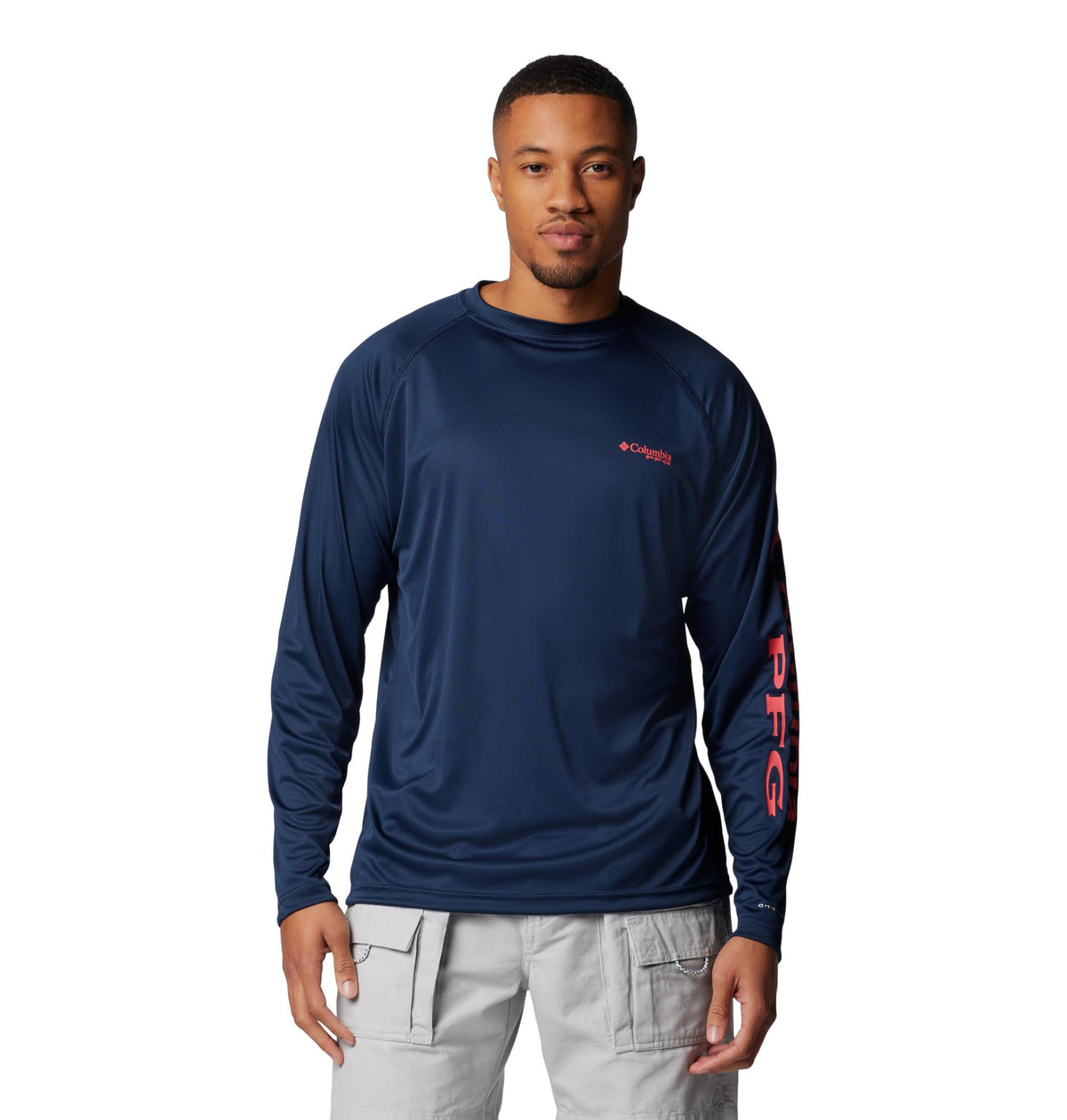 Columbia Men's PFG Terminal Tackle Long Sleeve Fishing Shirt, Collegiate Navy/Sunset Red Logo, Large Tall