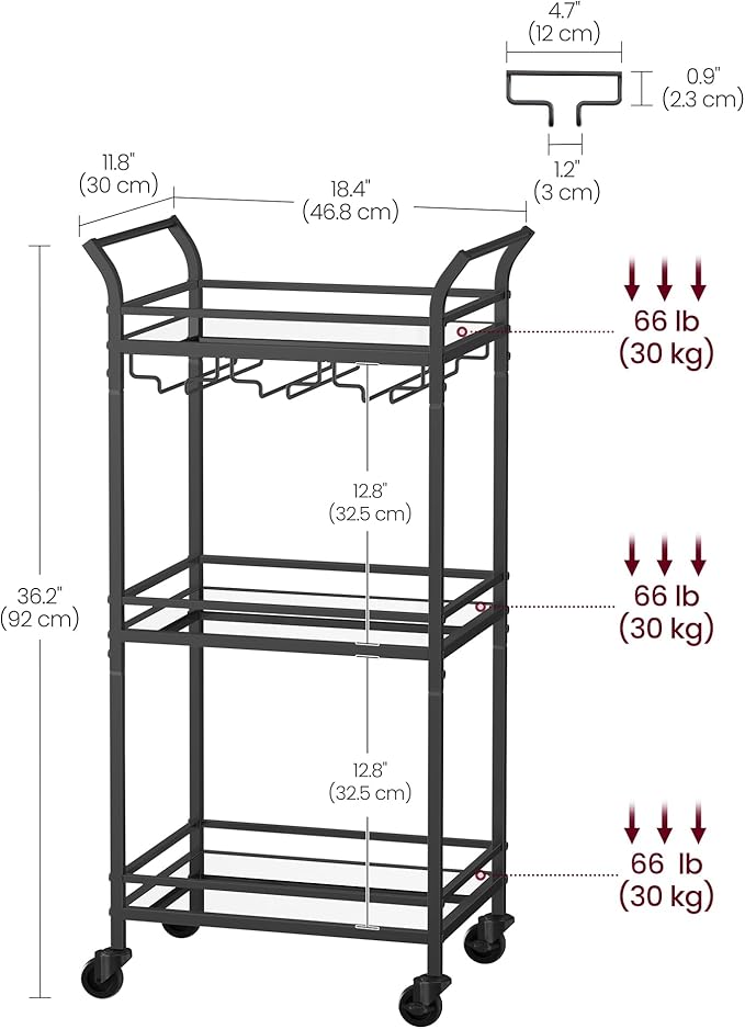 VASAGLE Bar Cart, Home Bar Serving Cart, Small Bar Serving Cart with 3-Tier Shelf, Wine Holders, Glass Holders, Mini Bar Cart for Small Spaces, Kitchen, Dining Room, Living Room, Ink Black