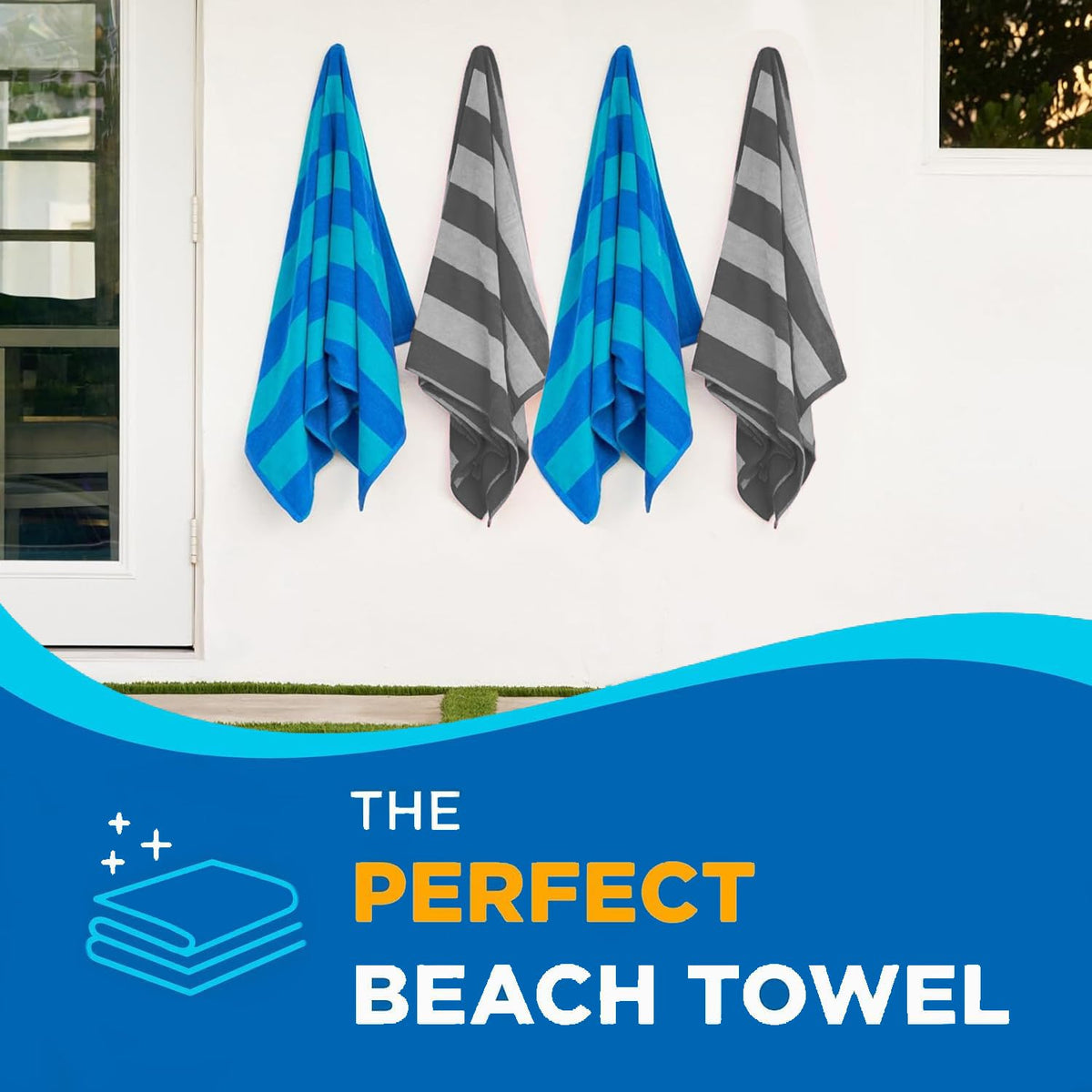 KAUFMAN - Velour Multi-Color Cabana Striped Beach Towels | 100% Cotton Beach Towel Pack 30" x 60" | Absorbent, Quick-Drying Pool Towels for Adults (2 Pack)