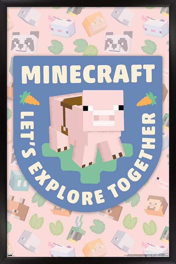 Trends International Minecraft - Let's Explore Together Wall Poster, 34L x 22.4W, Black Framed Version