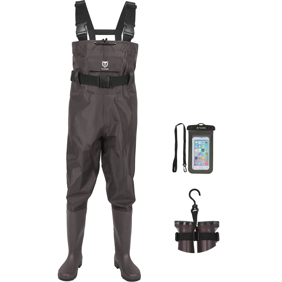 TIDEWE Bootfoot Chest Wader, 2-Ply Nylon/PVC Waterproof Fishing & Hunting Waders with Boot Hanger for Men and Women Brown Size 12
