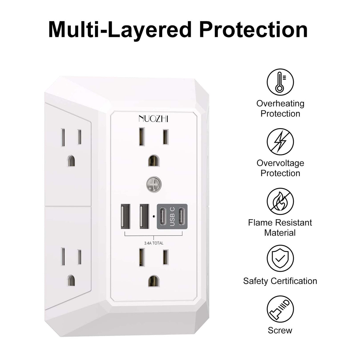 Outlet Extender Surge Protector - NUOZHI 6 Outlet Splitter with 4 USB Ports(2 USB-C), Multi Plug Wall Outlet 1680J Power Strip for Home Office Dorm Room Essentials, ETL, White