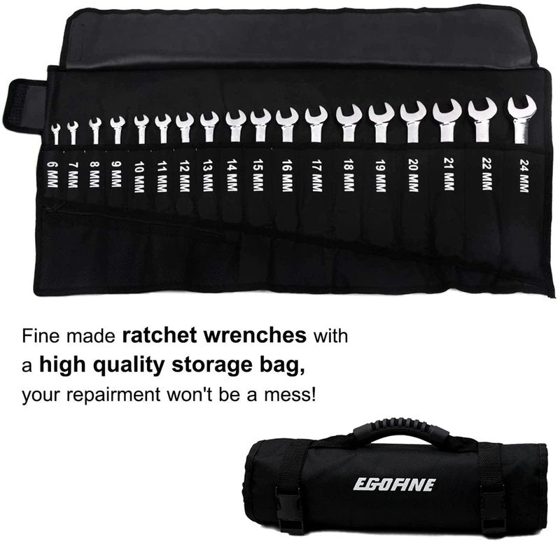 Egofine Ratcheting Wrench Set, 6 mm - 24 mm Metric Wrench Set 18pc, 72 Teeth Combination Wrenches Set, Chrome Vanadium Steel with a Roll Up Storage Bag