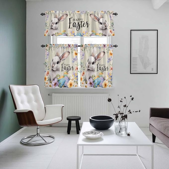 Easter Grey Bunny Kitchen Curtains Set 3 Piece