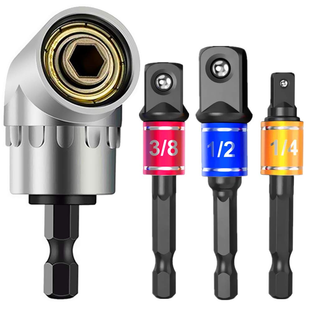 Impact Grade Power Hand Tools Driver Sockets Adapter Extension Set, 3Pcs 1/4 3/8 1/2" Hex Shank Drill Nut Driver Bit Set + 105 Degree Right Angle Driver Extension Screwdriver Drill Attachment