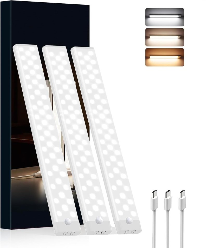 Rihvy Under Cabinet Lighting Wireless, 3 Packs Rechargeable Motion Sensor Light Indoor Disassembled, 3 Color Temps Closet Light Stick on, 8 Inches Under Counter Lights for Kitchen, Wardrobe, Bedroom