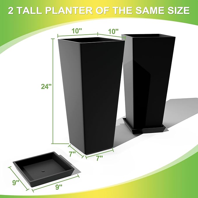 Set of 2 Large Tall Planter for Indoor or Outdoor 24" Flower Pots Tapered Tall Planters with Tray for Porch, Patio, Backyard, Large Planters for Outdoor Indoor Plants(Black)