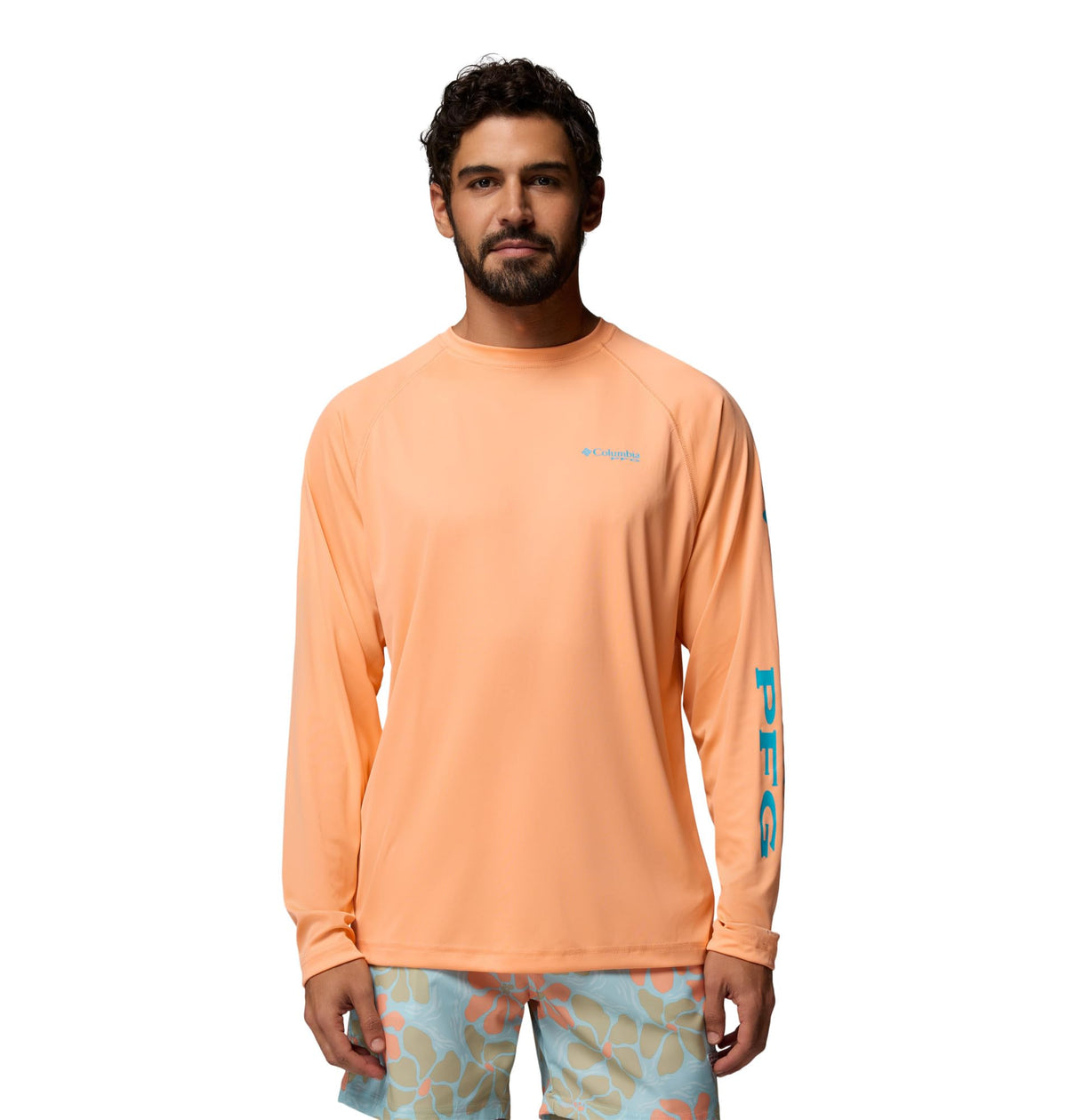 Columbia Men's PFG Terminal Tackle Long Sleeve Fishing Shirt, Bright Nectar/Ocean Teal Logo, 2X