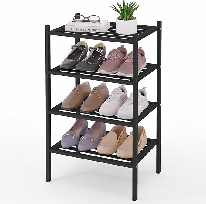 Smiry Small Bamboo Shoe Rack 4-Tier, Stackable Wooden Shoe Organizer for Entryway & Closet, Free Standing Wood Shoe Storage Shelf for Front Door & Small Spaces, Black
