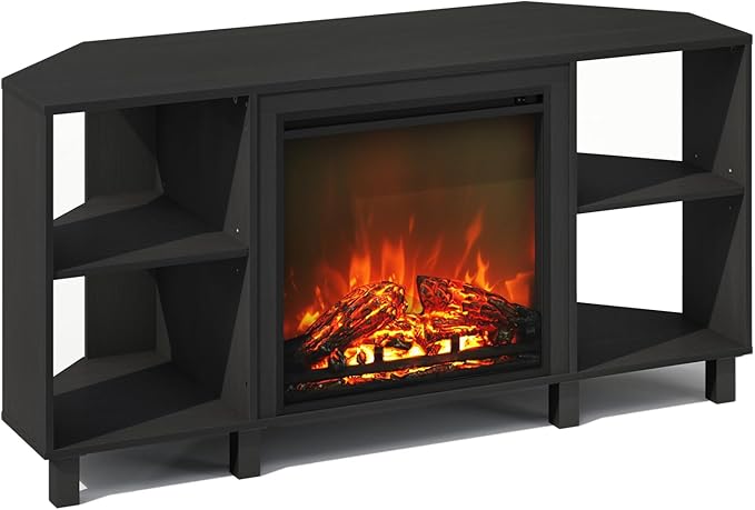 Furinno Jensen Fireplace TV Stand, NO Heat Decorative Electric Fireplace Corner TV Stand for TV up to 55 Inch, with 4 Open Shelves, for Living Room, Americano