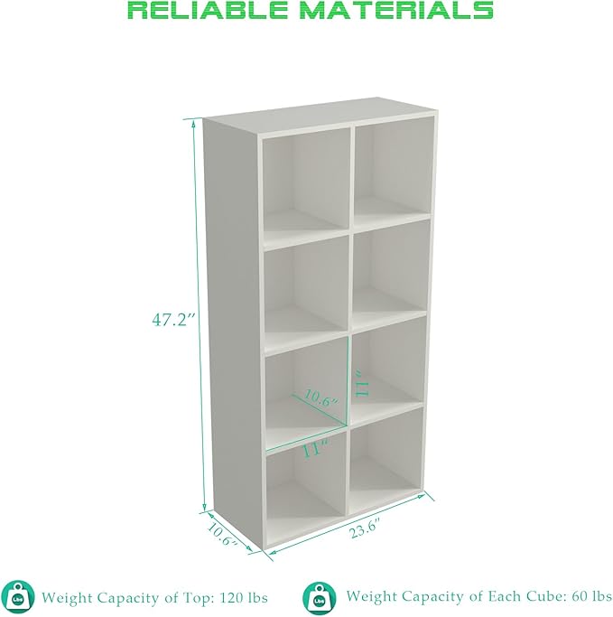 8-Cube Storage Shelf Bookcase - Wooden 4-Tier Floor Standing Open Bookshelf, Modern TV Stand up to 55 Inchs for Home and Office, Warm White