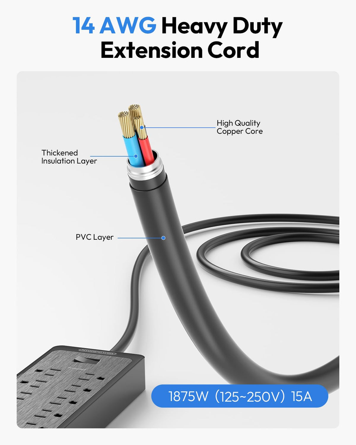 NTONPOWER 25 Ft Extension Cord Flat Plug, 12 Outlets(2 Widely Space) 3 USB with 2100J Power Strip, Overload Protection, 1875W/15A, Wall Mount for Home Office, Workbench or Garage,Black