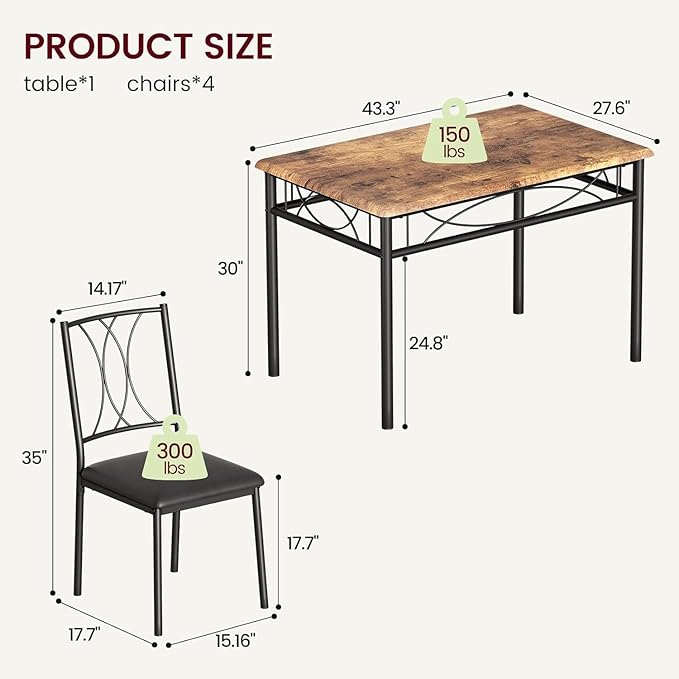 IDEALHOUSE Dining Table Set for 4, 5 Piece Dining Table Set with 4 Upholstered Chairs, Rectangular Dining Room Table Set of 4 for Small Space, Apartment, Retro Brown