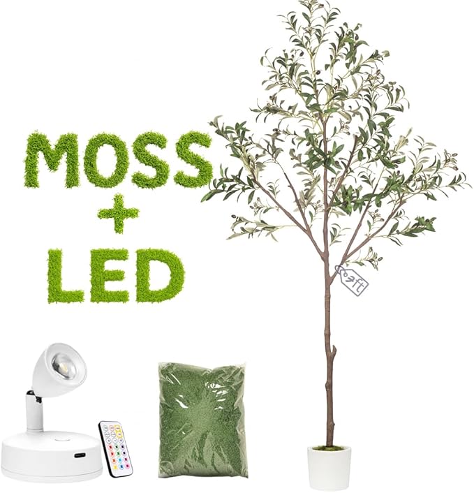 Olive Trees Artificial Indoor 7FT Tree with Rechargeable LED Spotlight, Decorative Moss & Weighted Pot – Tall Realistic Olive Plant for Home, Office, or Event Décor (7FT)